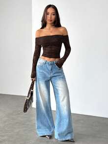 SHEIN PETITE Sexy See-Through Lace Splicing Off Shoulder Long Sleeve T-Shirt For Romantic Valentine's Day Date,Ladies Sexy Ruched,Sheer Regular Sleeve Off The Shoulder Slim Fit Coffee Brown Plain Women Tops,Spring/Fall,Casual Daily Wear - Brown - View 6