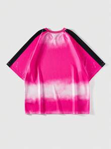 ROMWE MEN Street Life Men's Summer Casual Sports Gradient Digit Print Contrast Striped Side Short Sleeve T-Shirt - Hot Pink - View 2