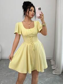 Selianne Women's Elegant Ruched U-Neck Tie-Waist A-Line Ruffle Sleeve Pale Yellow Summer Dress,Suitable For Work,Vacation,Day Party,High Tea,Spring Short Dress - Pale Yellow - View 5