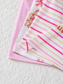 SHEIN Playful Pals Bộ 6 món cho bé gái sơ sinh 0-3 tuổi, mùa xuân hè, kiểu dáng dễ thương, áo thun và quần short họa tiết thỏ, màu trơn và kẻ sọc. - Hồng - Xem 4