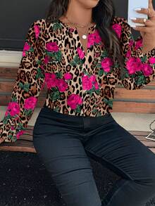 EMERY ROSE 大码复古豹纹玫瑰印花衬衫，适合度假、派对、音乐节等场合 - 彩色 - 查看 5
