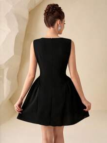 Modelyn Women's Black Knit Bubble Pearl Waist A-Line Sleeveless Elegant Dress, Spring/Summer - Black - View 2