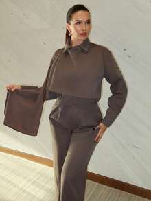 MDEdit 秋冬款女士高腰收腰中长款西装外套（披肩袖）2 件套 - 咖啡棕 - 查看 5