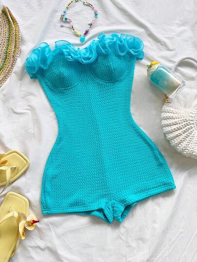 Soleia Mono de fiesta con volantes exagerados sin tirantes para mujer, adecuado para Navidad, citas, discoteca, estilo bohemio, vacaciones, otoño, ropa de mujer, vintage