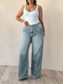 EURMUSE 100% Cotton Plus High Waist Asymmetric Belt Wide Leg Jean - Dusty Blue - View 6