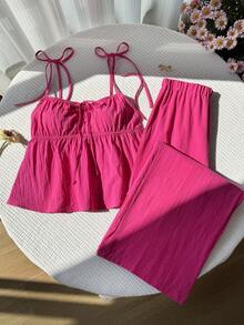 Comfortcana Woven Fuchsia Linen Tank Top And Pants Set - Hot Pink - View 4