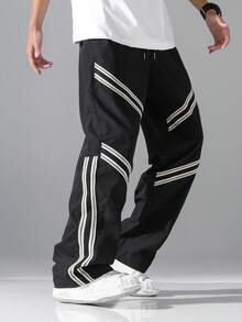 Manfinity Hypemode 男士条纹抽绳腰带口袋休闲直筒裤 - 黑色 - 查看 7