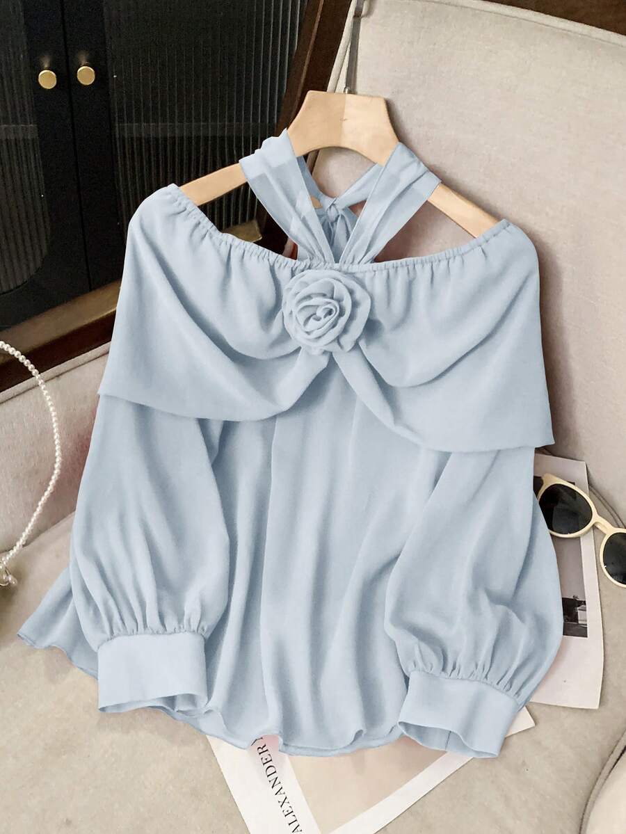 Seusyu 1pc Women Off Shoulder Tie-Neck Floral Embroidery Long Sleeve Blouse - Baby Blue - View 1