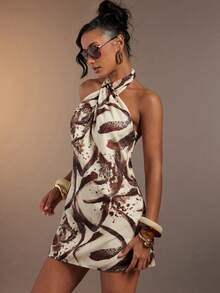 Hauture 女士性感抽象动物纹斑马棕色印花亚麻交叉吊带迷你连衣裙 - 彩色 - 查看 5