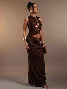 SHEIN Haute Women's Sexy Cut Out Gold Chain Detail Dark Brown Maxi Mermaid Hem Maxi Dress - Brown - View 4