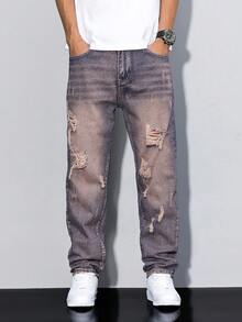 Manfinity Homme Men's Casual Loose Straight Leg Distressed Pockets Denim Jeans - Multicolor - View 3