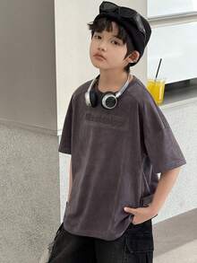 Dazy Kids 男童圆领字母压纹休闲百搭日常短袖T恤 夏季 - 深灰色 - 查看 5