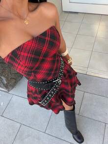 SHEIN HypeZone Plaid Ruffle Hem Crop Top Stylish Summer Mini Dress - Multicolor - View 1