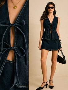 Poéselle 女士休闲系带无袖牛仔露脐上衣 - 深色水洗藍 - 查看 1