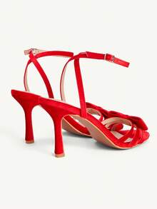 CUCCOO CHICEST 白色水晶装饰蝴蝶结绑带高跟凉鞋，优雅休闲派对约会婚礼场合女鞋 - 紅色絲絨 - 查看 5