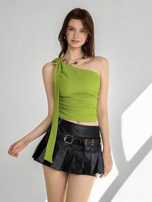 Ardnt Casual French Oblique Shoulder Design Cinched Waist Knit Textured Fabric Metal Accent Summer Chic New Girly Style Women Top - Green - View 5