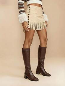 Daringsoles Women's Fashion Versatile Simple Chunky Heel Mid-Calf Boots For Christmas - Brown - View 1