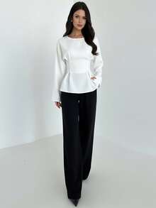Firerie Camisa feminina elegante para o dia a dia e ocasiões casuais, com textura vintage de bambu, gola redonda, mangas compridas, cintura franzida e pregas. Ideal para o outono, para professoras, passeios e viagens. - Branco - Ver 7