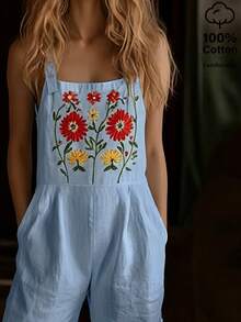 EMERY ROSE Women's Casual Floral Embroidery Jumpsuit With Slant Pockets, Summer - Blue - View 3