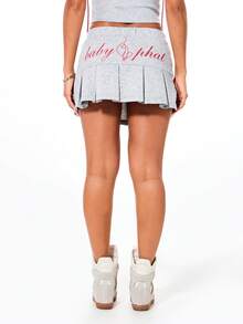 BABYPHAT Jersey Knit Pleated Mini Skirt With Logo Script Print Casual Everyday Streetwear Spring Summer Essential - Grey - View 2