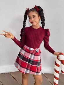 SHEIN Conjunto informal y festivo para niña preadolescente con blusa de punto de manga abullonada + falda plisada de cuadros con lazo - Rojo - Ver 1