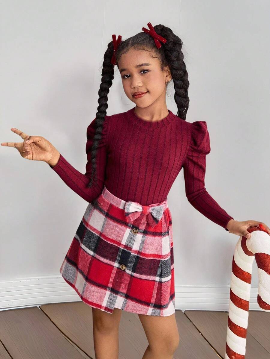 SHEIN Conjunto informal y festivo para niña preadolescente con blusa de punto de manga abullonada + falda plisada de cuadros con lazo - Rojo - Ver 1