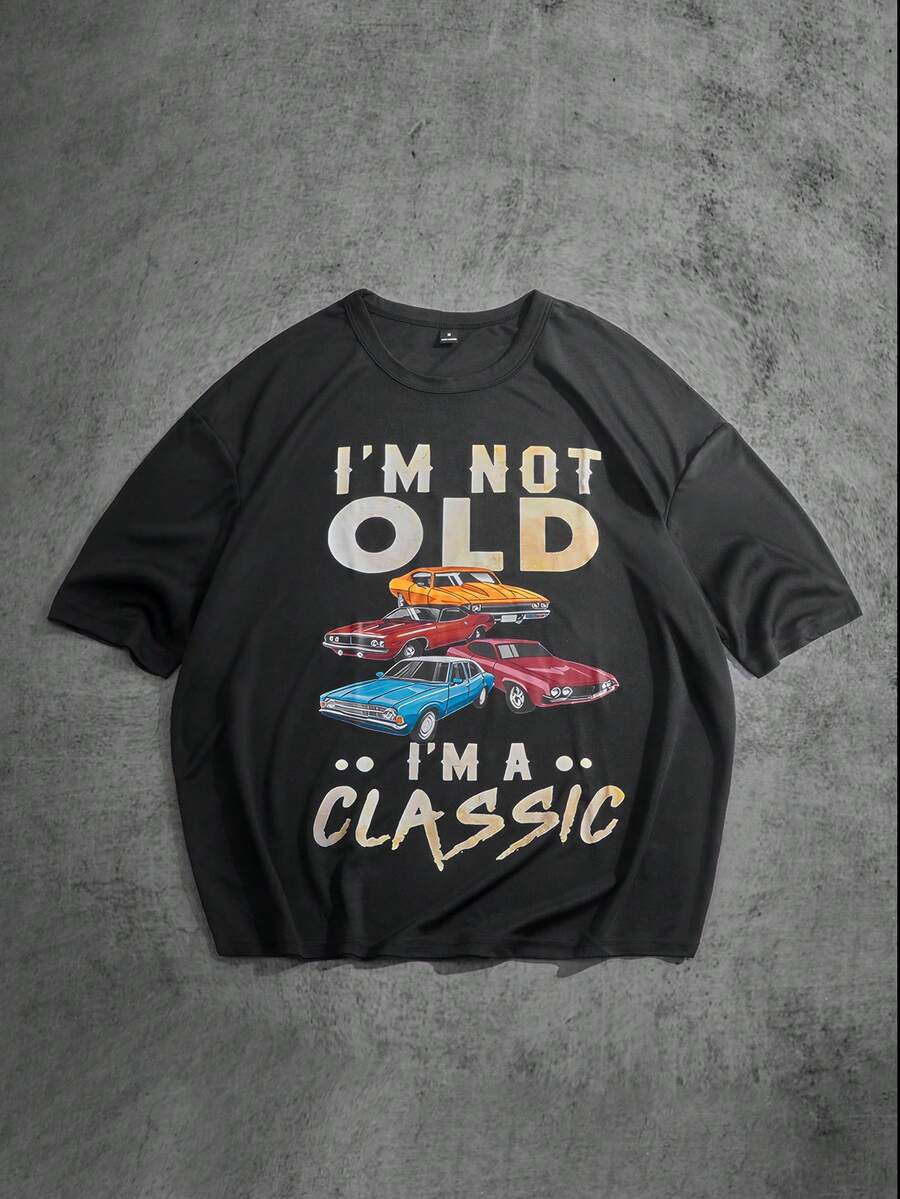 Manfinity ZONE917 男士圆领短袖字母图案印花休闲 T 恤，男友礼物 - 黑色 - 查看 1