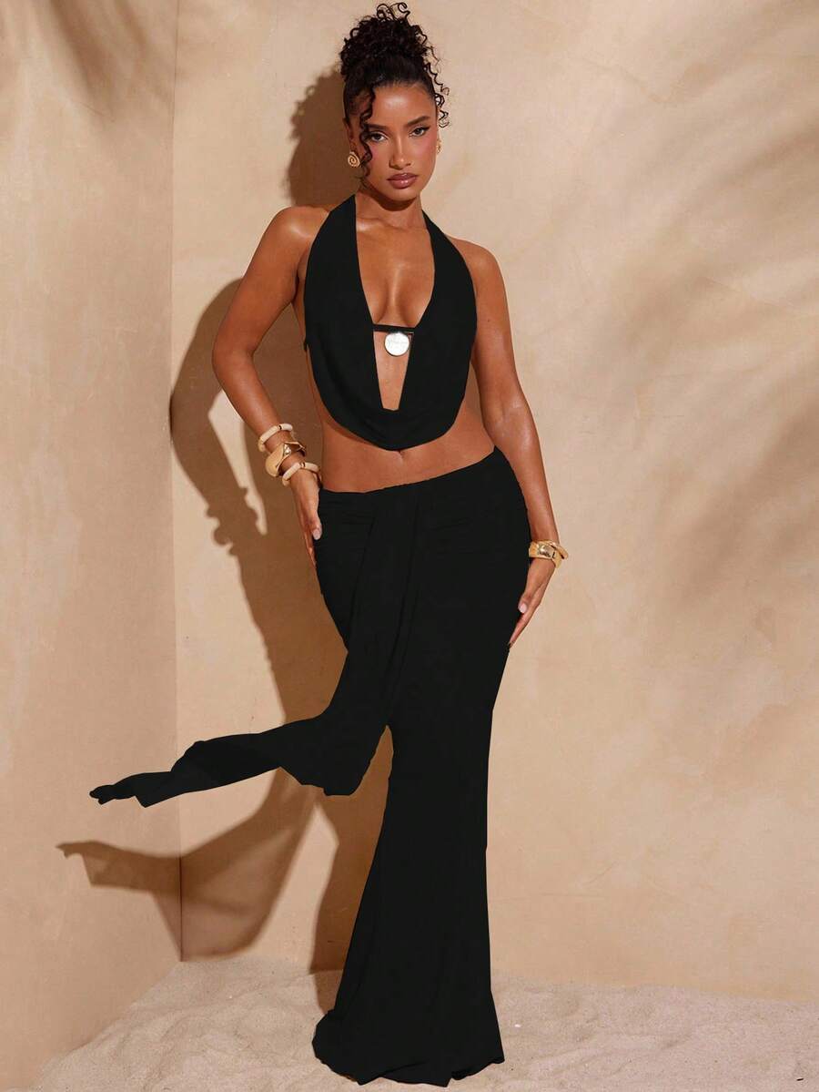 Hauture Bộ đồ 2 mảnh gợi cảm kiểu nghỉ mát dành cho nữ, màu trơn, cổ khoét sâu, hở lưng, buộc dây phía trước, gồm áo crop top và chân váy đuôi cá. - màu đen - Xem 1