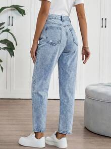 SHEIN Quần jean skinny lửng rách nhẹ, thích hợp mặc đi làm hàng ngày, phong cách đường phố, mùa xuân hè, ngày lễ tình nhân, lễ hội hóa trang, đi làm, nghỉ lễ, tốt nghiệp, sang trọng, phong cách Y2K, dễ thương, thời trang đường phố, dự tiệc, đám cưới, thanh lịch, công sở, thường ngày, nữ tính, quần jean nữ màu sáng, dáng rộng, cạp cao, rách nhẹ. - Màu xanh lam - Xem 2
