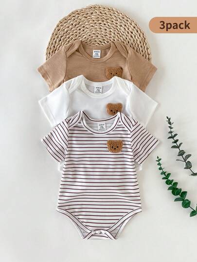 SHEIN 3件套新生男宝宝圆领短袖竹节图案纯色条纹小熊刺绣可爱休闲复古按扣连体衣，适合夏季外出或公园玩耍