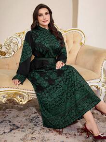 Al Najma 大码女式全印花立领系带长袖阿拉伯连衣裙 - 彩色 - 查看 1