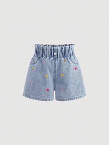 Girlism 少女夏季休闲浅色水洗可爱荷叶边腰部口袋爱心刺绣宽松阔腿短裤，春夏款，舒适时尚，休闲街头风，适合春夏穿着，夏季度假波西米亚风，夏季牛仔短裤，海滩度假，抽绳腰带短裤，夏季，度假风，适合海滩度假，Y2K，毕业季 - 淺色水洗藍 - 查看 5
