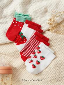 Cozy Pixies 4双春秋季中筒袜，草莓图案，透气吸汗，甜美学院风袜子 - 彩色 - 查看 3
