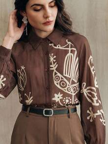 Anewsta Brown Versatile Long Sleeve Loose Retro Print Modern Elegant Casual Office Lady Shirt - Brown - View 3