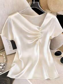 Franclia 女士纯色不对称领短袖衬衫 - 白色 - 查看 1