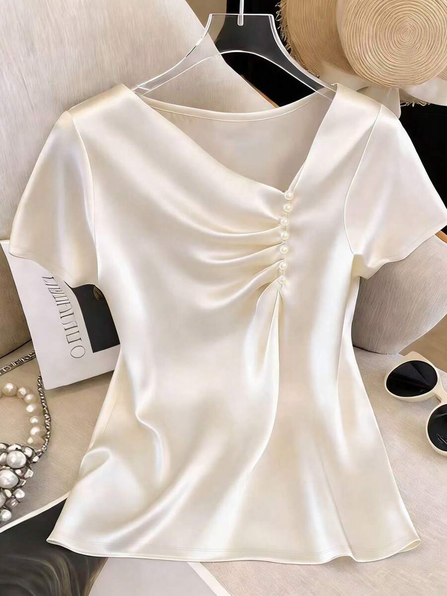 Franclia 女士纯色不对称领短袖衬衫 - 白色 - 查看 1