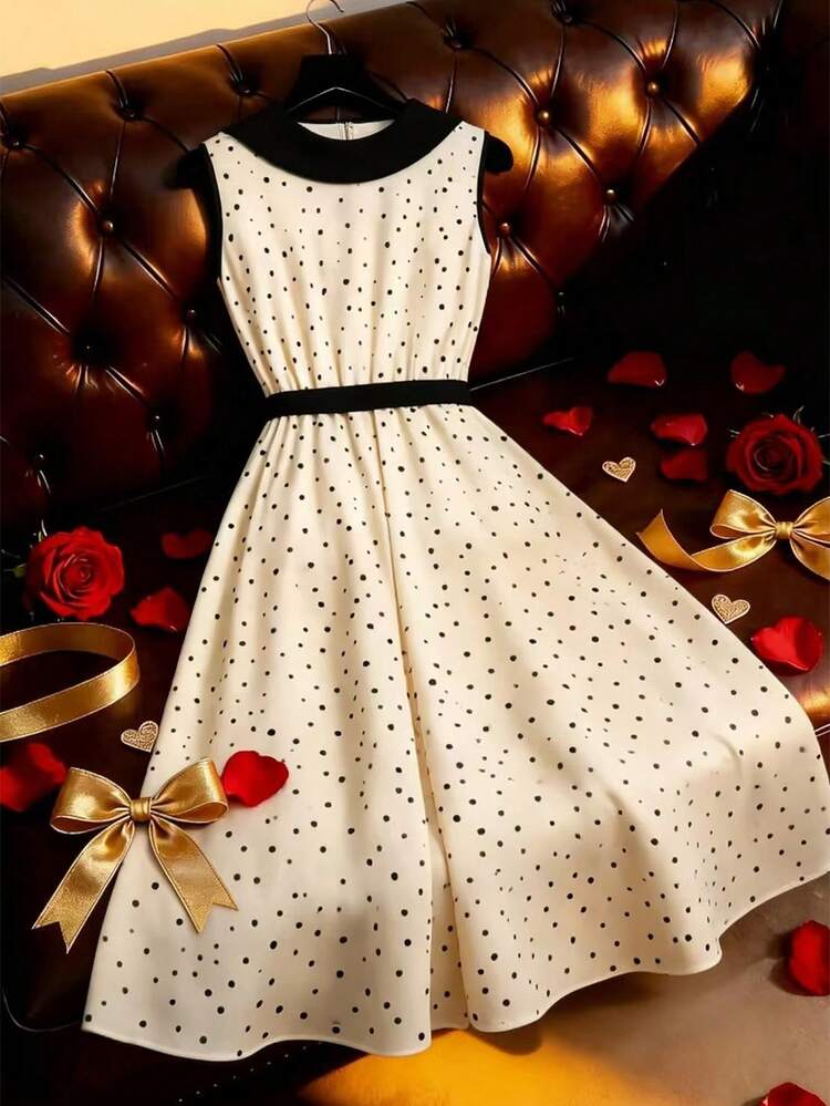 GlowEve ポルカドットパターン コントラストカラー襟デザイン ウエストリボン Aラインエレガントな日常着 バカンス通勤ファッション バレンタインデートフレンチストリートレトロ多用途パーティー アプリコットポルカドットパターン 早春/春夏 ノースリーブ ミドル丈ワンピース - マルチカラー - 見る 2