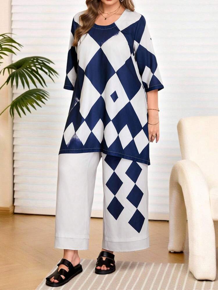 Plus Size Women's Casual Vacation Style Diamond Print 3/4 Sleeve Loose Top And Wide Leg Pants 2 Piece Set, Spring/Summer/Autumn Modest Two Piece Set 2 Piece Casual Sets Woman Vacation