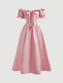 SHEIN MOD Đầm midi nữ thanh lịch, tối giản, màu trơn, xếp ly, trễ vai, eo thon, tay phồng, thích hợp cho mùa hè. - Hồng - Xem 7