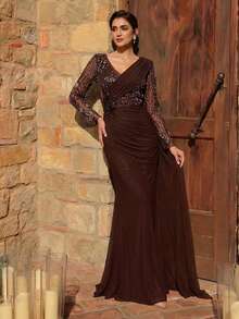 Serin 优雅奢华的咖啡色重工刺绣珠片拼接弹力针织网纱薄纱袖美人鱼褶皱荷叶边连衣裙，适合婚礼、派对、度假、新娘、新娘母亲晚礼服 - 咖啡棕 - 查看 6