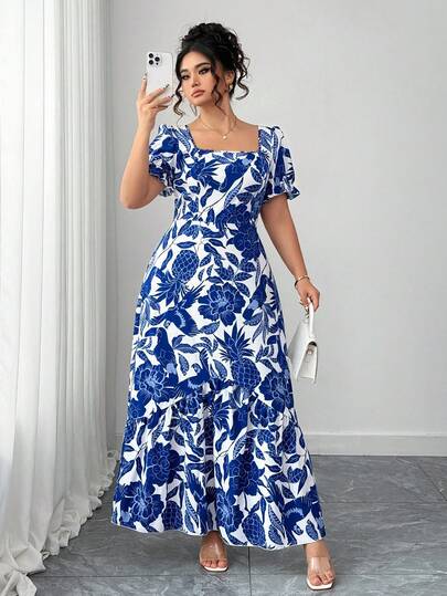 SHEIN CURVE+ Plus Size Women Floral Print Square Neck Puff Sleeve Elegant Dress