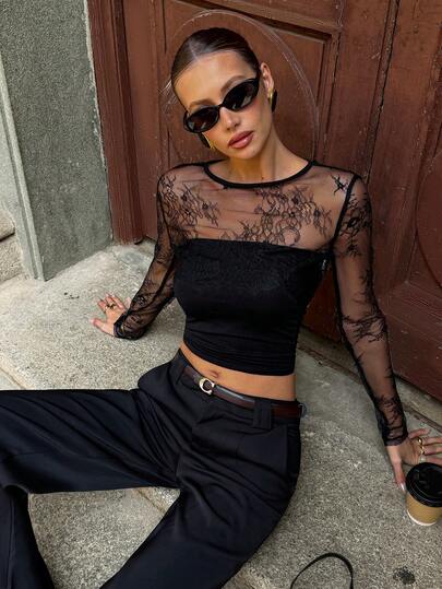 Siren Gaze 蕾丝薄纱罩衫，短款，优雅蕾丝罩衫，女士春夏款