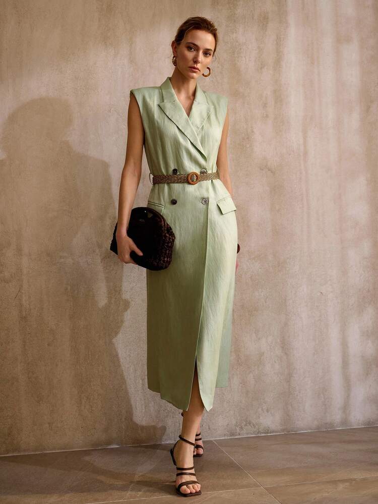 LINEN SLEEVELESS MIDI DRESS WITH WOVEN BELT, VINTAGE STYLE, SPRING/SUMMER