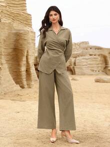 Modelyn 女士卡其色条纹长袖交叉系带纽扣腰A字优雅上衣和直筒长裙两件套，春夏款 - 卡其色 - 查看 5