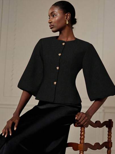 Revavyn Elegant French Retro Romantic Luxury High-End Design Herringbone Round Neck 3/4 Petal Sleeve Cinched Cinched Waist Metal Button Women's Blazer