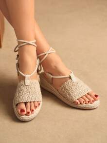 Rosivie Giày sandal vải lanh nữ mùa hè mới, kiểu dáng retro, giày rơm, thoáng khí, thấm hút mồ hôi, làm thủ công, giày vải lanh nữ. - Màu be - Xem 1