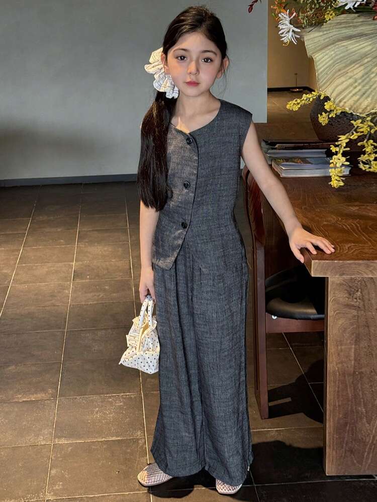 Tween Girl Solid Color Round Neck Button Front Shirt And Pants Elegant Outfit Summer