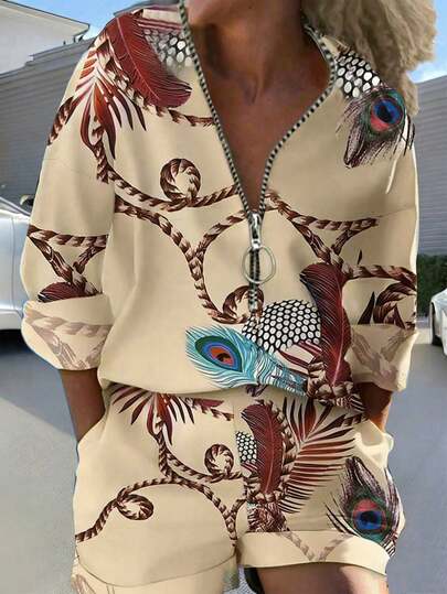 EMERY ROSE Multicolor Woven Fabric Casual Two Pieces Set With Print V Neck Zipper Top And Shorts V Neck Blouses For Women Women's Blouses African Print Woman Clothing Boho Shirts Women