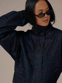 MUSERA Áo khoác denim cổ cao tay phồng có khóa kéo, phong cách mùa xuân hè dễ thương ấm áp kiểu nhà tranh, giọt sương mai mùa xuân. - Rửa tối - Xem 2