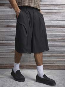 AXEPEAK Quần short nam dáng rộng, màu trơn, có túi, xếp ly, kiểu dáng thường ngày. - màu đen - Xem 5
